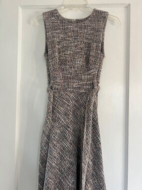 Calvin Klein Sleeveless Tweed Midi Dress in Black, White & salmon